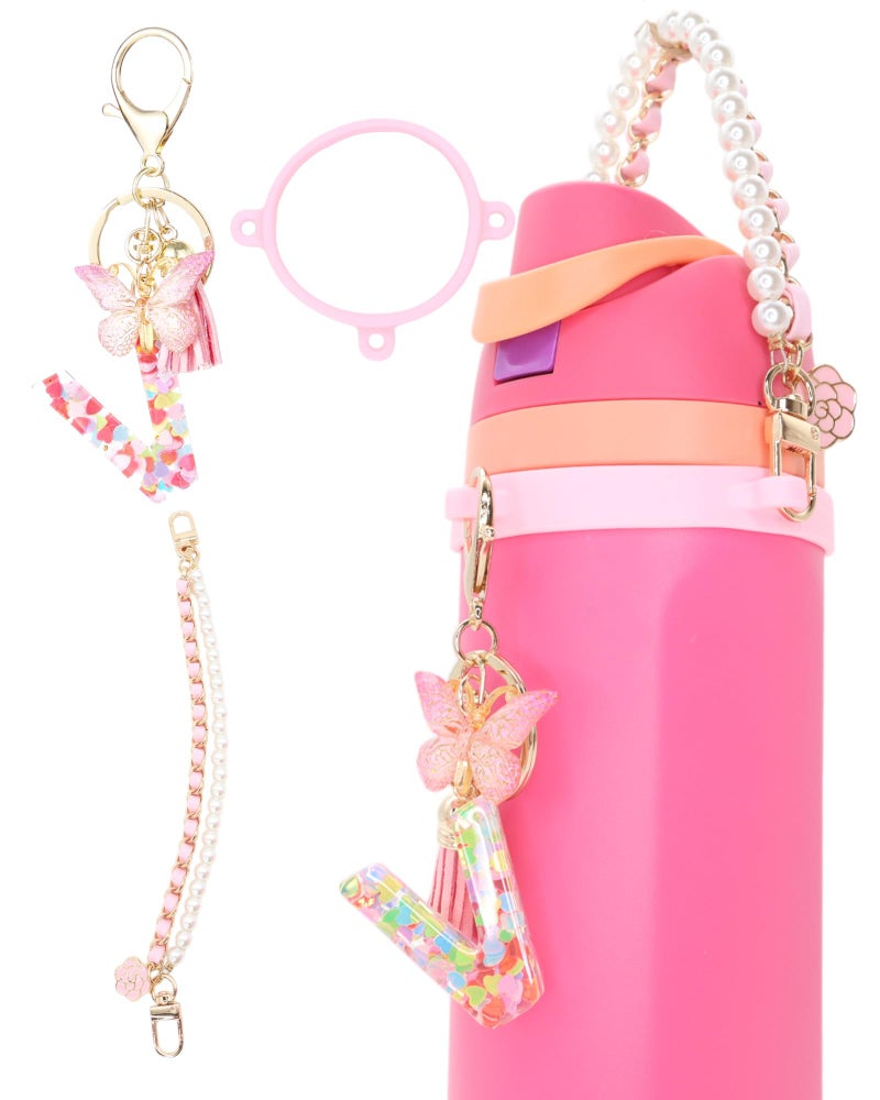 TOVICE Letter Accessories for Owala Water Bottle 24-40oz, 3PC Cute Initial Keychain & Water Bottle Handle Strap with a Thick Elastic Silicone Ring Holder - Image 1